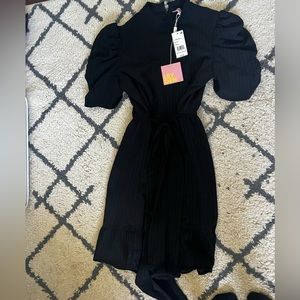 NWT Leyden High Neck Belted Black Dress with Puff sleeves